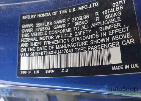 2017 Honda Civic Sport из США, поврежденный, VIN SHHFK7H4XHU417643